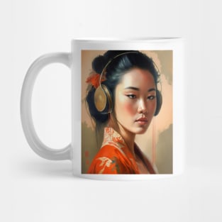 Music Lover-Listening to Music with Earphones-Asian Woman Mug